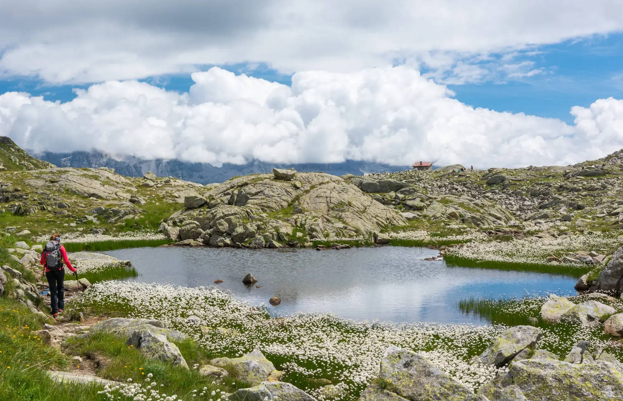 A hiker walks beside a small mountain lake surrounded by rocks and flowers under a partly cloudy sky.